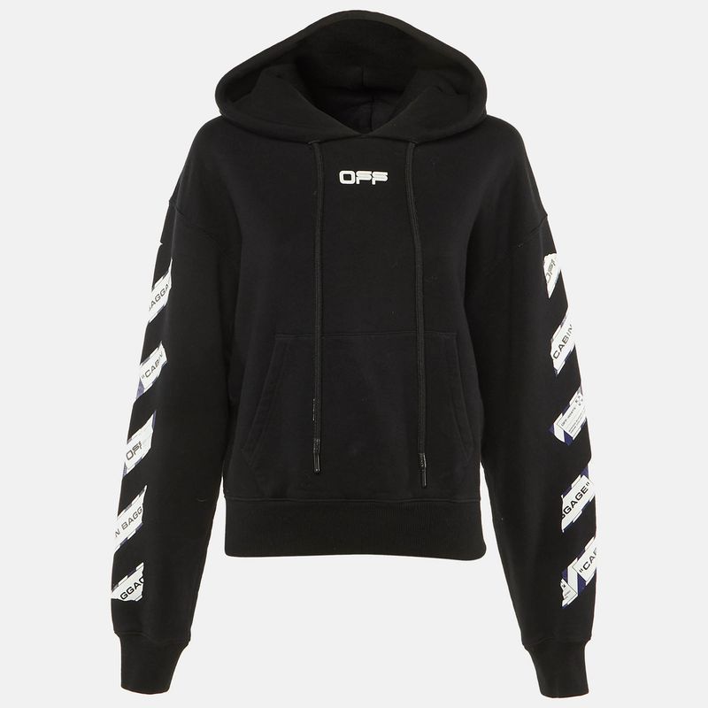 Off-White Black Cabin Baggage Tape Print Cotton Hoodie S